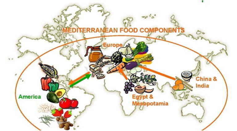 Mapa con los alimentos típicos de la Dieta Mediterránea y sus orígenes
